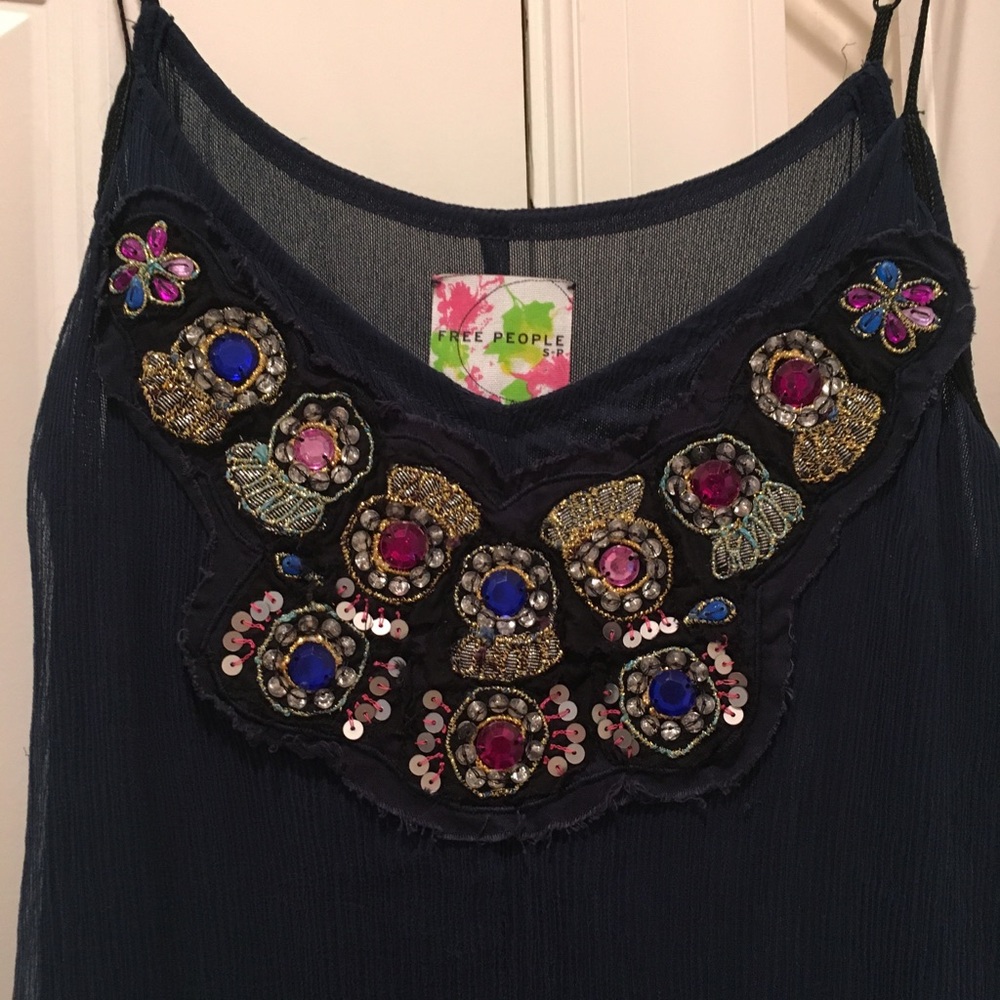 Free People India Navy Blue Silk Beaded Dress S